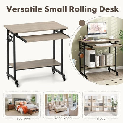 Tangkula Rolling Computer Desk Cart with Keyboard Tray, Mobile Portable Laptop PC Desk with CPU Stand & 3 Hooks for Sofa & Bed, Compact Small Desk on Wheels for Small Spaces (Grey) - color: Grey