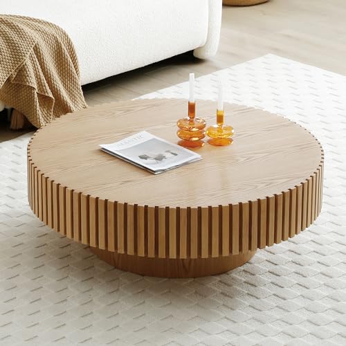 39.37'' Round Coffee Table for Living Room, Modern Wood Nesting Coffee Table Handcraft Circle Fluted Drum Coffee Table, Easy Assembly - color: Oak, size: 39.37"x23.62"x13.42"