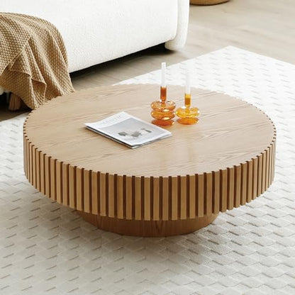 39.37'' Round Coffee Table for Living Room, Modern Wood Nesting Coffee Table Handcraft Circle Fluted Drum Coffee Table, Easy Assembly - color: Oak, size: 39.37"x23.62"x13.42"