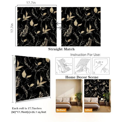 Dark Black and Gold Leaf Peel and Stick Wallpaper 17.7" x 213" | Self-adhesive removable waterproof leaf design for bedroom accent walls and renter friendly spaces - color: Black&Gold, size: 17.7" x 213"