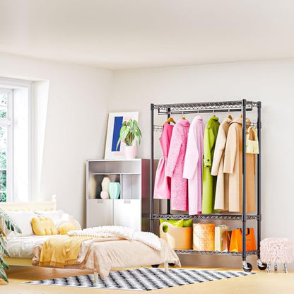 M MZG Heavy Duty Rolling Garment Rack 3 Tiers Adjustable Wire Shelving Clothes Rack with 1 Rods and Side Hooks,Storage Closet Clothing Rack with Wheels Black 15.7" D x 45.3" W x 75.6" H - color: Black, size: 3 Tier and 1 Rod 15.7"D x 45.3"W x 75.6"H