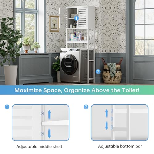 SMIBUY Bathroom Over The Toilet Storage Cabinet, 2 Door Bamboo Cabinet Organizer, Freestanding Space Saver Toilet Rack with Adjustable Inside Shelf and Open Shelf (White) - color: White