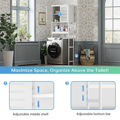 SMIBUY Bathroom Over The Toilet Storage Cabinet, 2 Door Bamboo Cabinet Organizer, Freestanding Space Saver Toilet Rack with Adjustable Inside Shelf and Open Shelf (White) - color: White