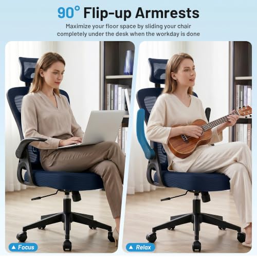 Office Chair Ergonomic Desk Chair with Adjustable Headrest Lumbar Support, High Back Breathable Mesh Chair with 120° Tilt & Flip-Up Armrests, Swivel Comfy Task Computer Chair for Work, Study - color: Navy