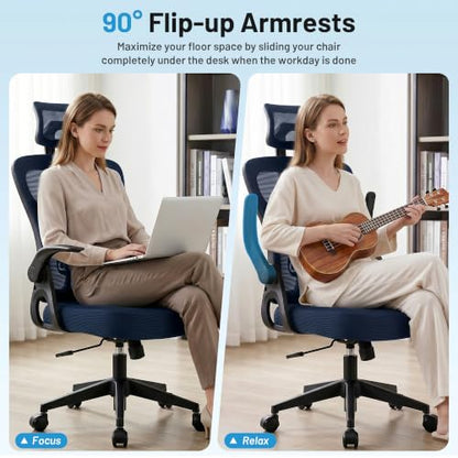 Office Chair Ergonomic Desk Chair with Adjustable Headrest Lumbar Support, High Back Breathable Mesh Chair with 120° Tilt & Flip-Up Armrests, Swivel Comfy Task Computer Chair for Work, Study - color: Navy