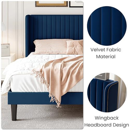 SHA CERLIN Full Size Velvet Bed Frame, Tufted Wingback Headboard, Blue | 47'' Modern Vertical Channel Headboard, Upholstered Platform Bed, Wood Slats, No Box Spring Needed, Easy Assembly, Noise Free - color: Blue, size: Full