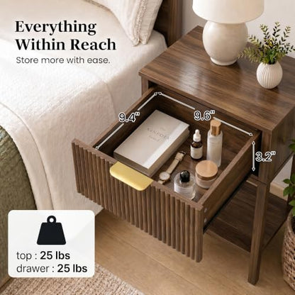 Dark Walnut 15.4" Wide Small Nightstand with Drawer,Open Shelf,Fluted | Deep wood tone, ribbed fluted front, 11.8-inch slim depth, concealed storage, styled for bedside, sofa side, or chair side - color: Dark Walnut