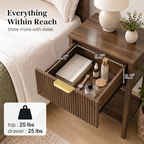 Dark Walnut 15.4" Wide Small Nightstand with Drawer,Open Shelf,Fluted | Deep wood tone, ribbed fluted front, 11.8-inch slim depth, concealed storage, styled for bedside, sofa side, or chair side - color: Dark Walnut
