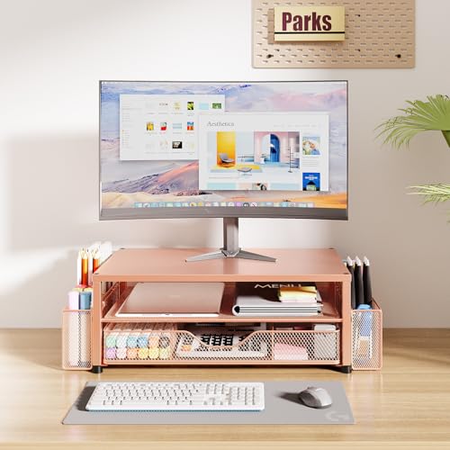 Desk Organizer and Accessories, 2-Tier Computer Monitor Stand Riser with Drawer and 2 Pen Holders, Laptop Stand, Office Desk Accessories for Office Supplies, 1 Pack, Rose - color: Rose Gold 1-Pack, size: 2-Tier