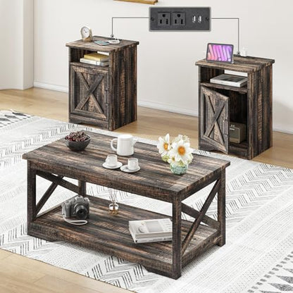 AMERLIFE 3 Piece Farmhouse Living Room Coffee Table Set, Dark Oak | Coffee Table & 2 End Tables with Charging Station and USB Ports, Farmhouse Style, Barn Door Design, Living Room Furniture - color: Dark Oak