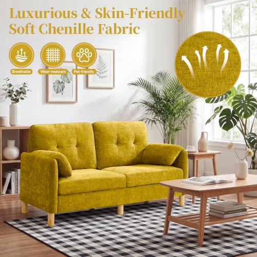 Mid Century Modern Couch, 65" Loveseat Sofa, Yellow | Storage Pockets, Upholstered Small Loveseat for Small Spaces, Bedroom, Home Office, Apartments - color: Yellow