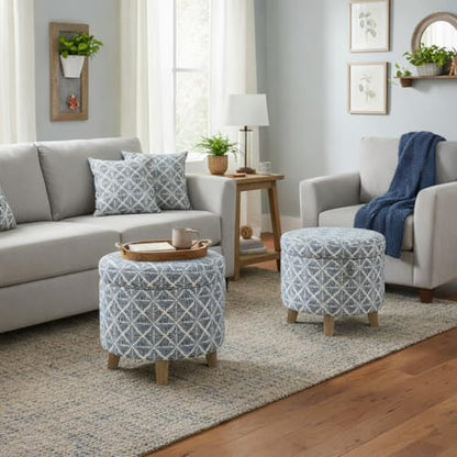 HomePop 19" Round Storage Ottoman with Flared Legs - Navy Blue Geometric - color: Sea Salt Blue