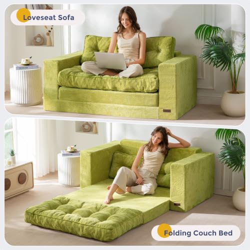 MAXYOYO Folding Sofa Bed, Convertible Sleeper Loveseat with Pillows | 2-Person Fold-Out Loveseat, Convertible Sleeper Bed with Supportive Pillows for Relaxing or Overnight Guests, Dark Grey - color: Green