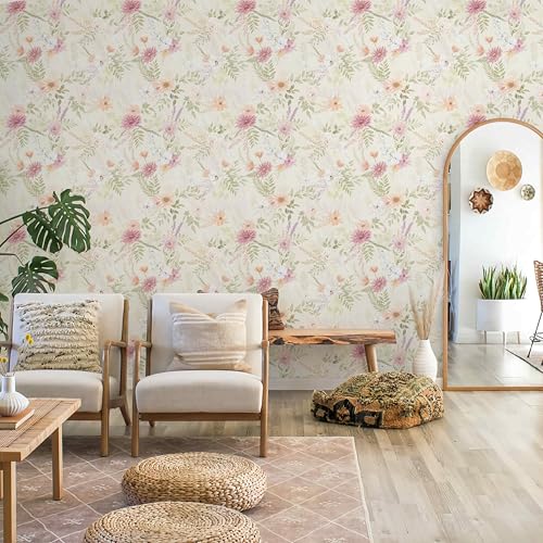 Floral Peel and Stick Wallpaper Beige Boho Wallpaper Neutral Cottage Contact Paper Bathroom Cabinets Farmhouse Wall Paper Renter Friendly Removable Waterproof Kitchen Vinyl 362"x17.3" - color: Soft Beige, size: 17.3" x 362"