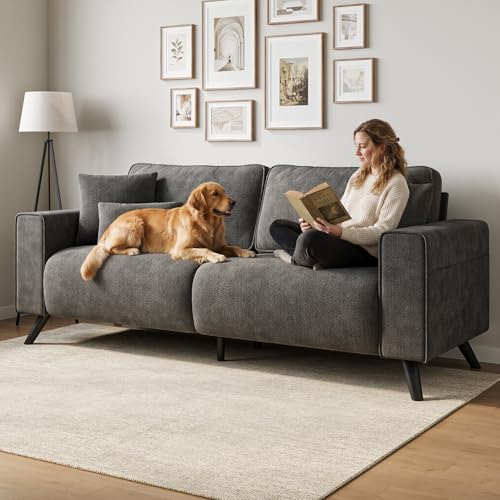 85" Loveseat Sofa, Chenille Couch with Deep Seat, Dark Grey | Clean-look modern couch with 4 pillows, hidden side pockets, easy assembly for living rooms, apartments, and offices - color: Dark Grey