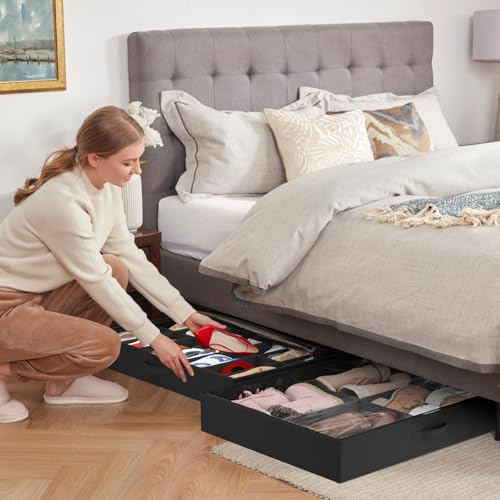 Lifewit Under Bed Shoe Storage Organizer 1 Pack(14 Shoes Cells+4 Boots Cells), 4.3 Inches Profile Fabric Shoes Container Box with Clear Cover, Foldable Storage Bag with 2 Handles, Fits 11 to 18 Pairs - style: 14 Shoes Cells+4 Boots Cells