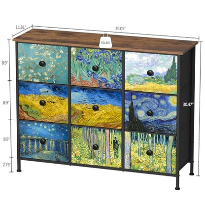 EXOTICA Van Gogh 9 Drawers Dresser Wide TV Stand Colorful Dressers & Chest of Drawers Enterway Furniture for Bedroom Living Room Hallway Closets Steel Frame Wood Top - size: 39.1"D x 11.8"W x 30.5"H (9 Drawers)