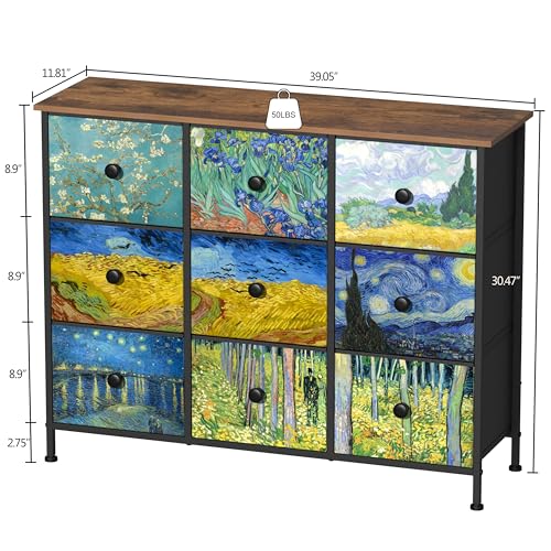 EXOTICA Van Gogh 9 Drawers Dresser Wide TV Stand Colorful Dressers & Chest of Drawers Enterway Furniture for Bedroom Living Room Hallway Closets Steel Frame Wood Top - size: 39.1"D x 11.8"W x 30.5"H (9 Drawers)