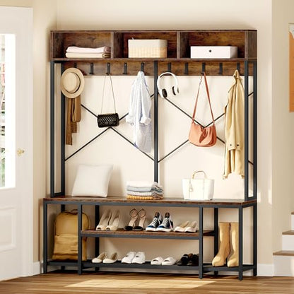YITAHOME Entryway Bench with Coat Rack, 5-in-1 Hall Tree with Shoes Storage, Industrial Freestanding Coat Rack Shoe Bench with Storage Shelves, 10 Hooks for Hallway, Bedroom, Rustic Brown