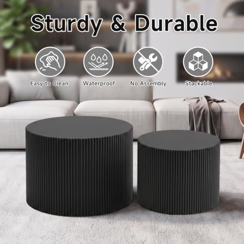 Nesting Round Coffee Table Set of 2 Black No Assembly | Nesting Coffee Tables for Living Room, MDF Wood Nightstands, Modern Drum Side End Tables with Vertical Fluted Design - color: Black