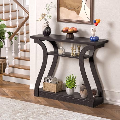 47" Narrow Console Table, Entry Table with Curved Legs, Sofa Table | Wood Console Table 3-tier Shelf Modern Accent Sofa Table for Entrance Area, Living room, Hallway (Brown) - color: Dark Brown