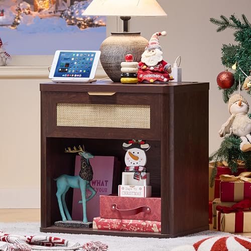 LEYAOYAO Rattan 23" Nightstands with Charger for Bedroom | Gold Metal Handle, Storage Shelf, Walnut Stand with Drawer, Boho Bedside Table, Bed Side End Tables Living Room, Hallway - color: Retro Walnut, size: 1 Drawer