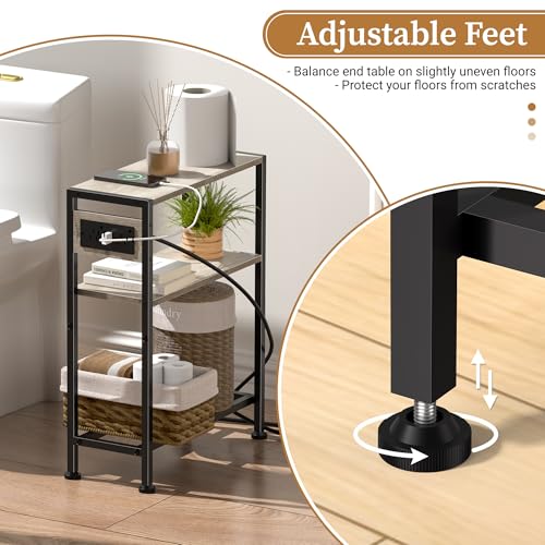 Small Narrow Side Table with Charging Station, Skinny End Table for Small Spaces, Slim Nightstand with Outlets, Sofa Bedside Table in Living Room, Bedroom, Kitchen and Balcony (Greige) - color: Greige
