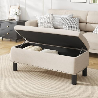 Large Storage Ottoman, Beige, Wood Frame, Linen Fabric, 285 Lbs Capacity - color: Beige