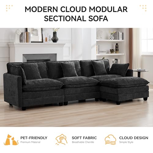 111'' Sectional Cloud Deep Seat Couch, Modern Comfy Chenille L Shaped Sectional Sofa for Living Room Set, Upholstered Modular 4-Seats Sofa Couch with 1 Movable Ottoman, Dark Grey - color: Dark Grey, size: 111'' L Shape