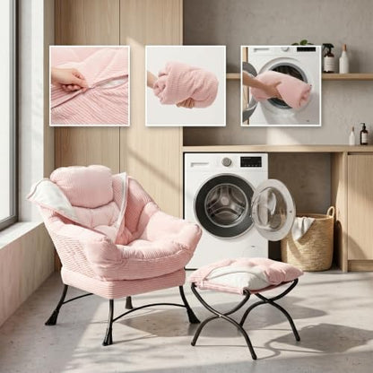 Lazy Chair with Ottoman, Modern Skinny Lounge Chair with Footrest | Foldable Footrest, Padded & Backrest with Side Pocket, Comfy Accent Reading Chair for Living Room & Small Spaces, Pink - color: Pink