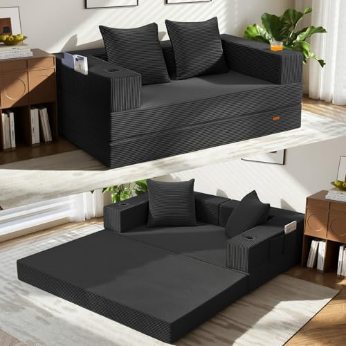 COMAX Futon Sofa Bed, Convertible Sofa Bed, Folding Boneless Couches | Low-Profile Boneless Couch for Living Room, 11.8" H Low Seat Small 59" Foldable Floor Sleeper Mattress Lounge Space‑Saving - color: Black, size: 59"
