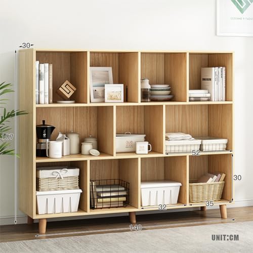 IOTXY Open Cubes Low Bookcase - 3-Tier 11-Cube Short Bookshelf in Oak | Nordic Minimalist Style, MDF Material, Solid Wood Legs, Deep Storage Cubes, Free Standing Wooden Cabinet Organizer Unit - color: Oak, size: 3-Tier 11-Cubes
