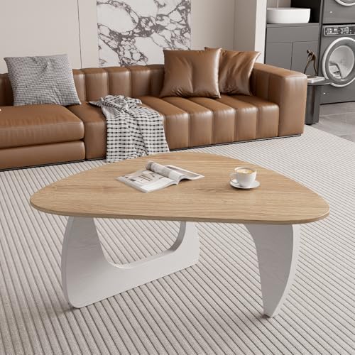 Modern Wood Coffee Table, Triangle Center Table with Premium Wooden Top& Unique Base, 35.5” Small Mid Century Tea Tables for Living Room, Apartment, Office,Natural Wood &White - color: Natural Wood &White, size: Medium 35.5*25.5*15.7in