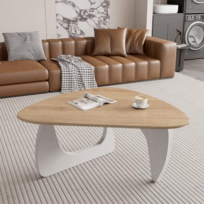 Modern Wood Coffee Table, Triangle Center Table with Premium Wooden Top& Unique Base, 35.5” Small Mid Century Tea Tables for Living Room, Apartment, Office,Natural Wood &White - color: Natural Wood &White, size: Medium 35.5*25.5*15.7in