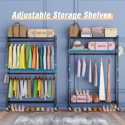 Homdox Rolling Garment Rack with Double Rod, Heavy Duty Clothing Rack with Shelves, Portable Clothes Rack, Free Standing Wardrobe Rack, with Lockable Wheels & Hanging Hooks, Max Load 450 LBS, Black - color: Black, size: 17.72"D x 47.24"W x 80.71"H