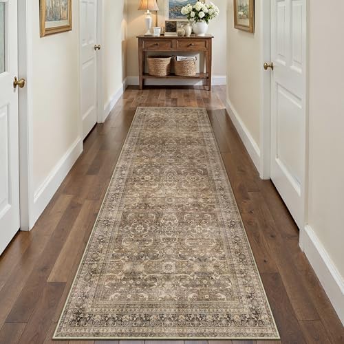 2x10 Brown Vintage Distressed Washable Runner Rug for Hallway | Low Pile, Non Slip, Retro Style, Soft Distressed Long Hallway Runner for Kitchen, Entryway, Laundry, Bedroom, Home Decor - color: Retro | Brown, size: 2' x 10' (Runner)