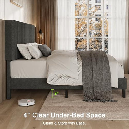 Einhomn Full Size Bed Frame with Headboard, Upholstered Linen Platform Bedframe with Solid Wooden Slats, Noise-Free, No Box Spring Needed, Easy Assembly, Dark Grey - color: Dark Grey, size: Full