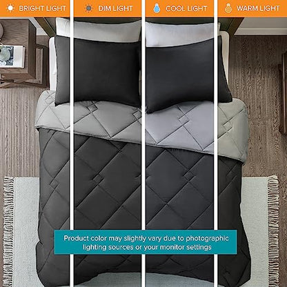 Comfort Spaces Vixie Reversible Comforter Set - Trendy Casual Geometric Quilted Cover, All Season Down Alternative Cozy Bedding, Matching Sham, Black/Gray, Twin/Twin XL 2 piece | Down Alternative, All Season, Bedding for Bedroom, Geometric Pattern, Revers