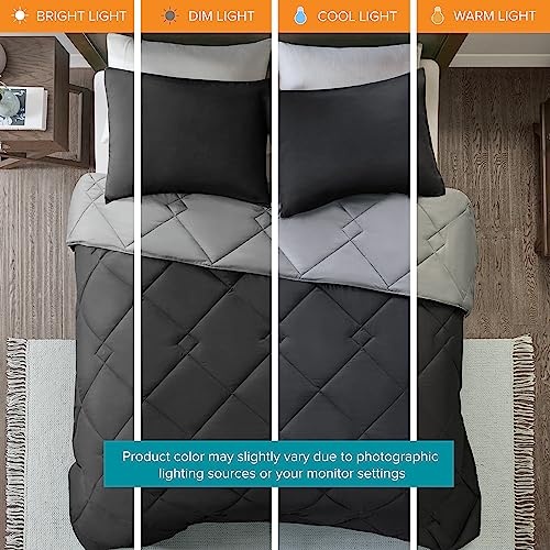 Comfort Spaces Vixie Reversible Comforter Set - Trendy Casual Geometric Quilted Cover, All Season Down Alternative Cozy Bedding, Matching Sham, Black/Gray, Full/Queen 3 piece | Down Alternative, All Season, Bedding for Bedroom, Geometric Pattern, Reversib