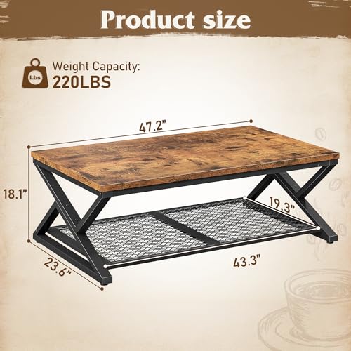 EnHomee Coffee Table, Storage & Shelf, X-Frame Stability, Rustic Brown | Families, Wood & Metal, Holds Magazines & Drinks, Industrial Design, Living Room, 47.2“ - color: Rustic Brown, size: 47.2 Inch