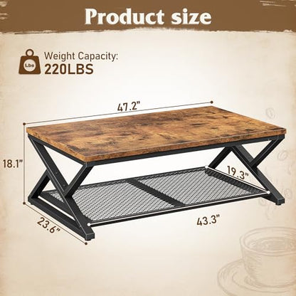 EnHomee Coffee Table, Storage & Shelf, X-Frame Stability, Rustic Brown | Families, Wood & Metal, Holds Magazines & Drinks, Industrial Design, Living Room, 47.2“ - color: Rustic Brown, size: 47.2 Inch