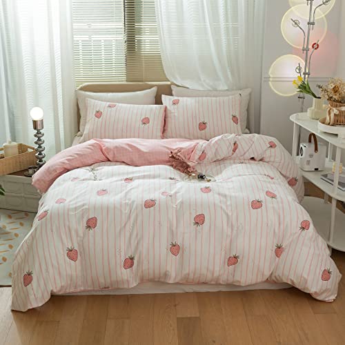 Pink Strawberry Duvet Cover Set Twin Kids Girls Kawaii Bedding Set 100% Cotton Fruit Strawberry Comforter Cover for Teens Children Boys Lovely Cartoon Kids Kawaii Bedroom Collection with 2 Pillowcases - color: A8# Strawberry, size: Twin(68"x86")