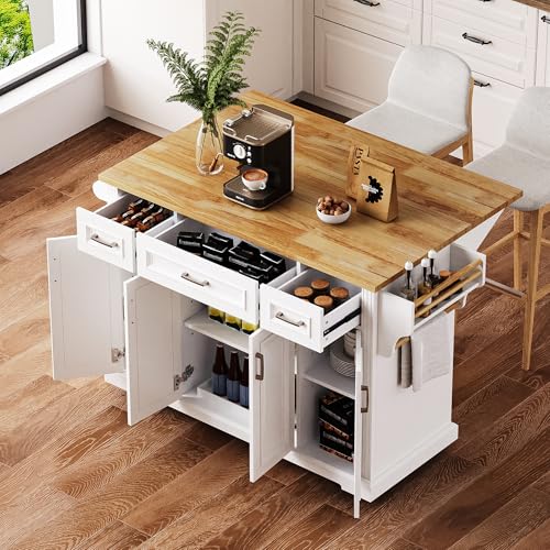 54inch Large Kitchen Island With Rubber Wood Drop Leaf,Embossed Texture Rolling Kitchen Cart On 4 Wheels With 4 Doors And 3 Drawers,Kitchen Island With Storage For Kitchen,Dining Room (White-0t) - color: White-0t)