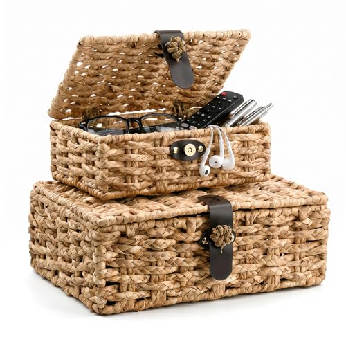 Water Hyacinth Wicker Storage Baskets with Magnetic Lids, Set of 2 | 2-Piece handwoven water hyacinth boxes with magnetic lids and metal frames for shelves, coffee tables, and consoles