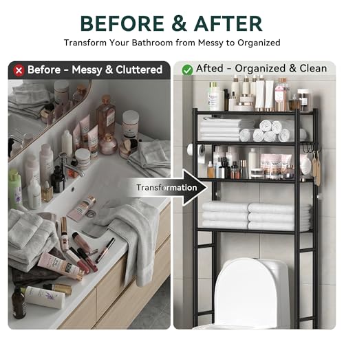 GloTika 4-Tier Over The Toilet Storage Shelves, Black | 200lb Total Capacity, Metal Bathroom Organizer with 36" Clearance, Includes Paper Holder & 4 Hooks, Suit for Small Space - color: Black