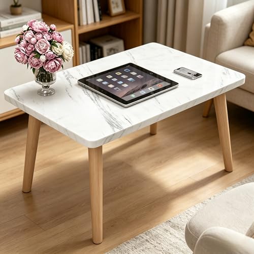 23.6" Small Coffee Table for Small Space, Mini Low Oval Coffee Table | with 4 Solid Wood Leg, Floor Table Desk for Sitting on The Floor, Side Tea Table for Living Room Apartment, Rectangle White - color: 23.6"l Rectangular White