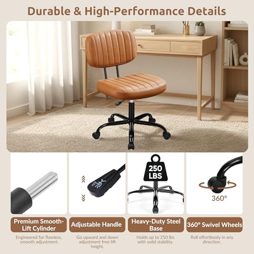 Swivel Rolling Office Chair, Armless Pu Leather Vanity Chair with Back Lumbar Support Height Adjustable Computer Chair, Small Desk Chair for Home Office, Brown - color: Brown
