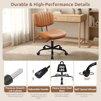 Swivel Rolling Office Chair, Armless Pu Leather Vanity Chair with Back Lumbar Support Height Adjustable Computer Chair, Small Desk Chair for Home Office, Brown - color: Brown