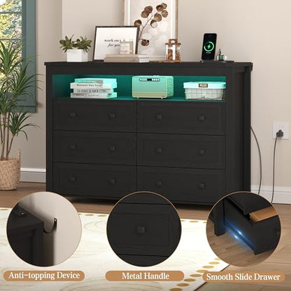 Black Dresser 6 Drawer Dressers for Bedroom with LED Lights, Charging Station, Wood Chest of Drawers with Metal Handles, Modern TV Stand Storage Cabinet for Living Room, Hallway, Entryway - color: Black, style: LED 6 Drawers