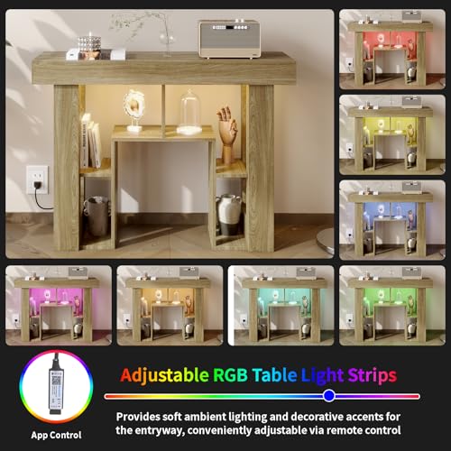 43.3" Console Table with Charging Station & USB-C Port, Behind Couch Sofa Table with LED Lights Narrow Entryway Table for Entrance Living Room Hallway Foyer, Oak - color: Oak